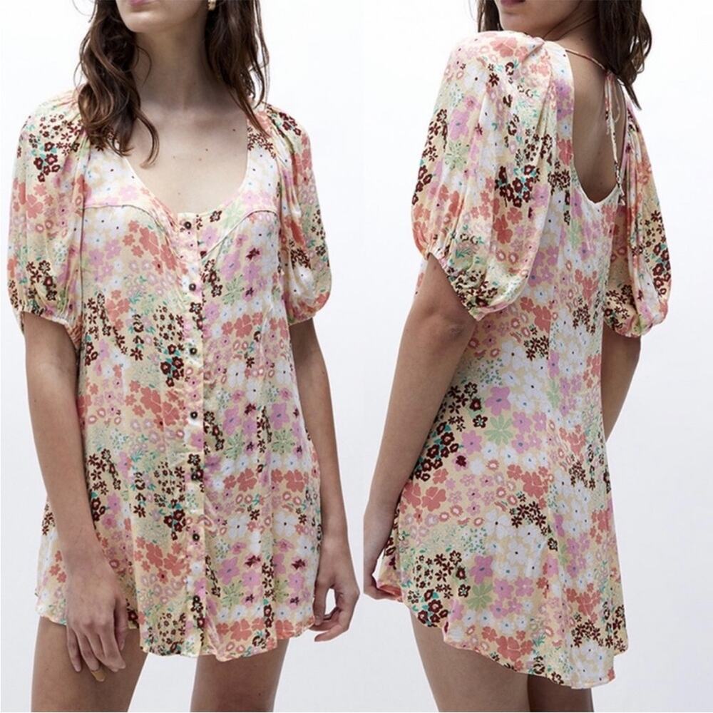 Free People FP Callie Floral Print Tunic Mini Dress in Vintage Combo XS